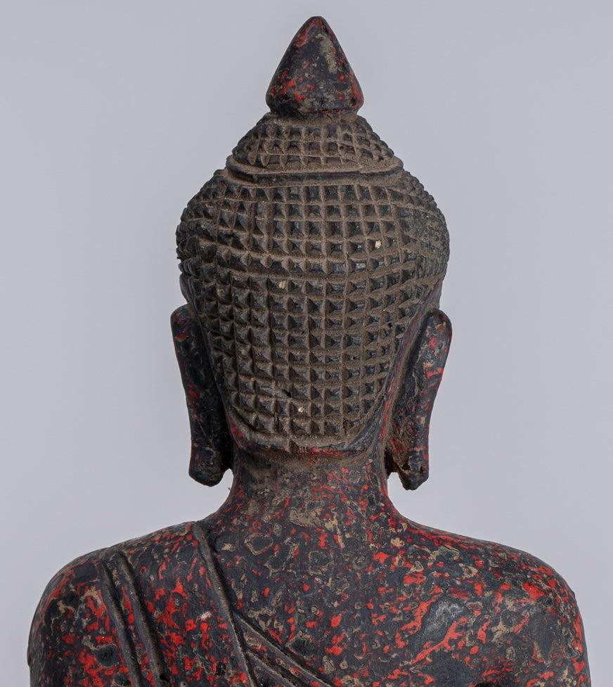 Buddha Sculpture - Antique Khmer Style Wood Seated Buddha Statue Dhyana Meditation Mudra - 20cm/8"