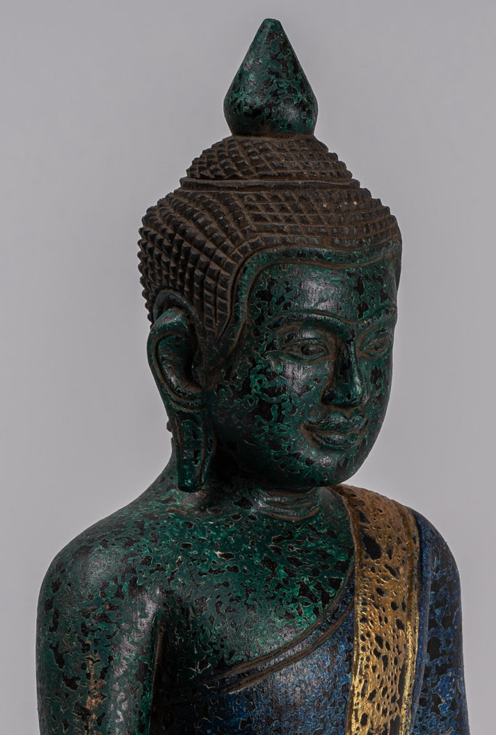 Buddha Statue - Antique Khmer Style SE Asia Seated Wood Enlightenment Buddha Statue - 32cm/13"