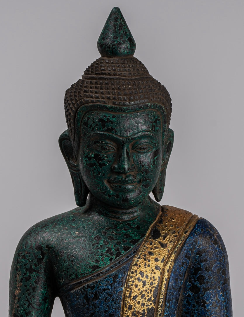 Buddha Statue - Antique Khmer Style SE Asia Seated Wood Enlightenment Buddha Statue - 32cm/13"