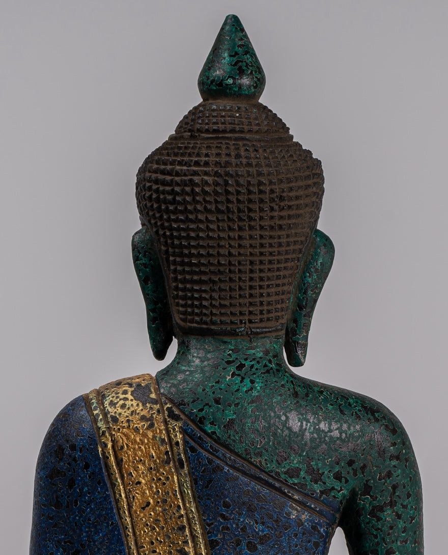 Buddha Statue - Antique Khmer Style SE Asia Seated Wood Enlightenment Buddha Statue - 32cm/13"