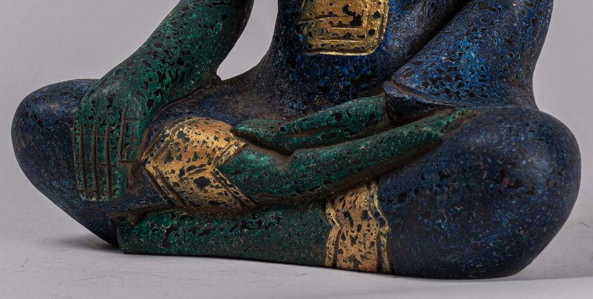 Buddha Statue - Antique Khmer Style SE Asia Seated Wood Enlightenment Buddha Statue - 32cm/13"