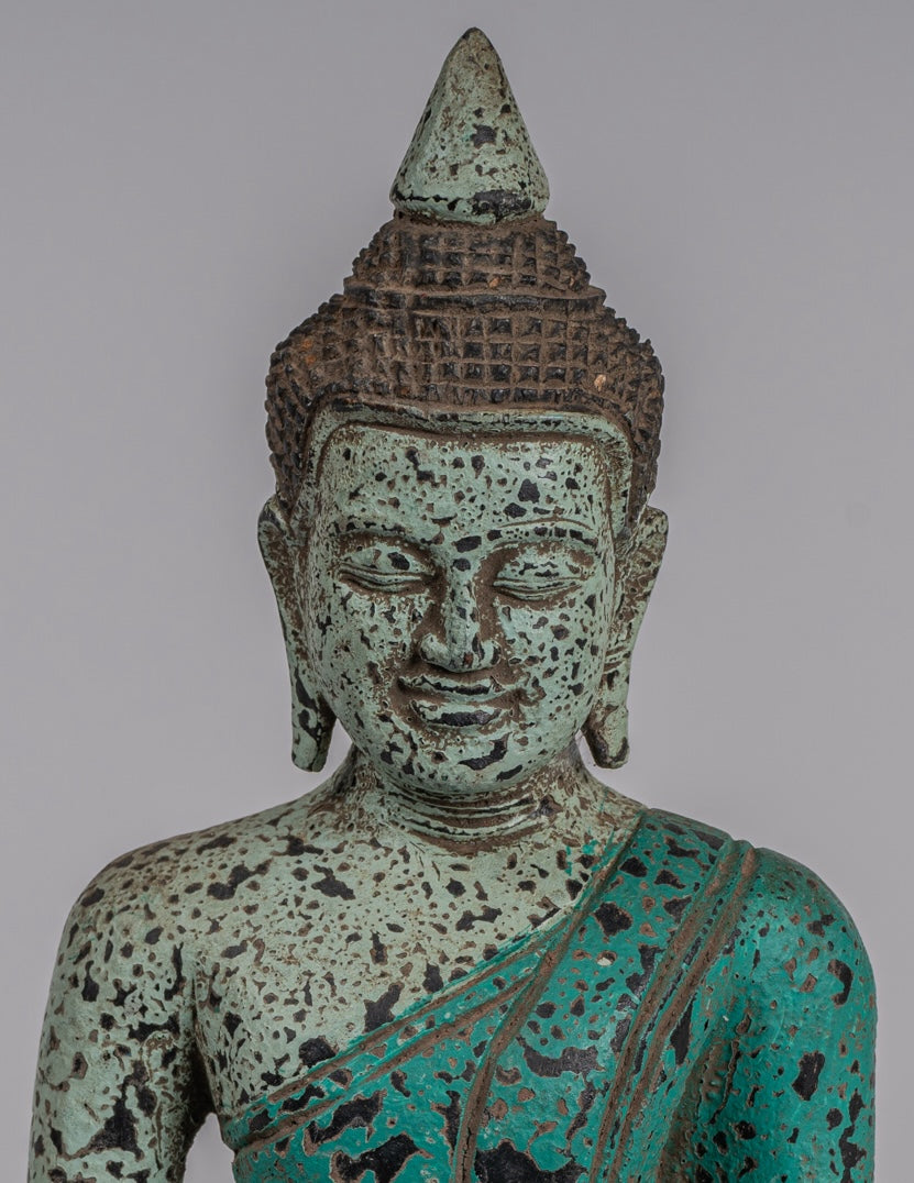 Buddha Statue - Antique Khmer Style SE Asia Seated Wood Enlightenment Buddha Statue - 26cm/10"