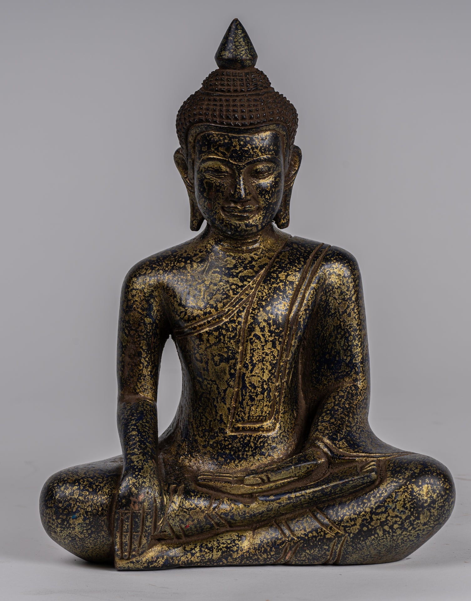 Buddha Statue - Antique Khmer Style SE Asia Seated Wood Enlightenment Buddha Statue - 26cm/10"