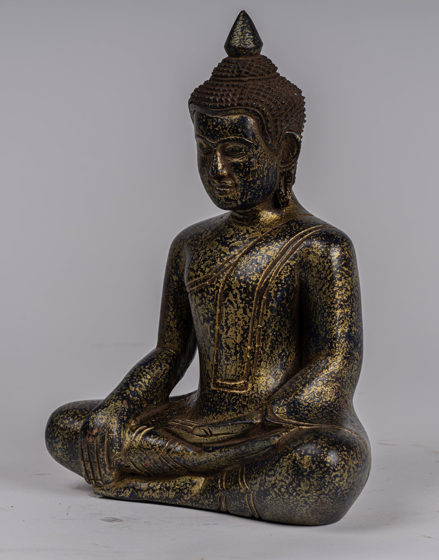 Buddha Statue - Antique Khmer Style SE Asia Seated Wood Enlightenment Buddha Statue - 26cm/10"