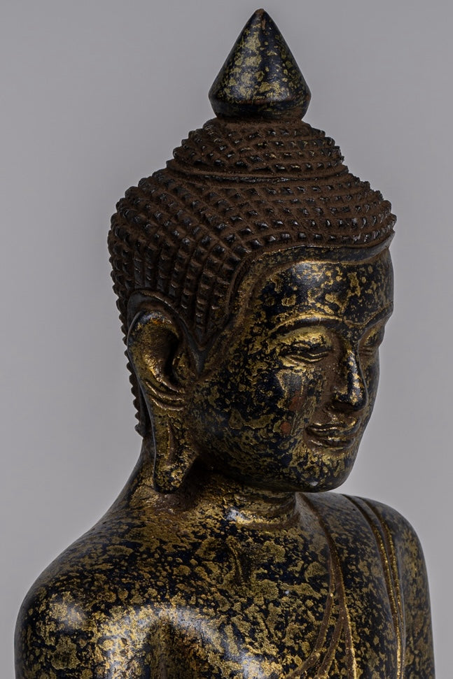 Buddha Statue - Antique Khmer Style SE Asia Seated Wood Enlightenment Buddha Statue - 26cm/10"