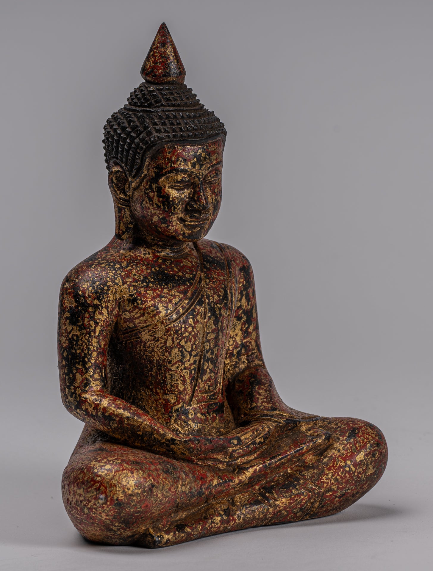 Buddha Sculpture - Antique Khmer Style Wood Seated Buddha Statue Dhyana Meditation Mudra - 21cm/8"
