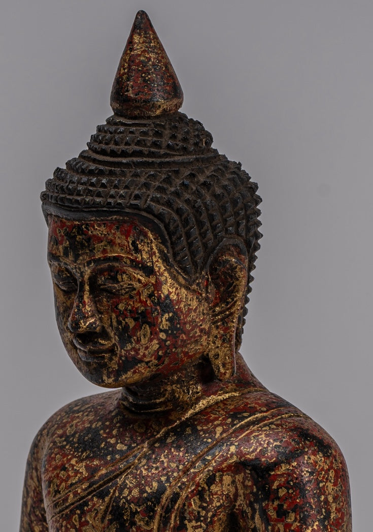 Buddha Sculpture - Antique Khmer Style Wood Seated Buddha Statue Dhyana Meditation Mudra - 21cm/8"