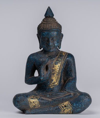 Buddha Statue - Antique Khmer Style Cambodia Seated Wood Buddha Statue Teaching Mudra - 20cm/8"