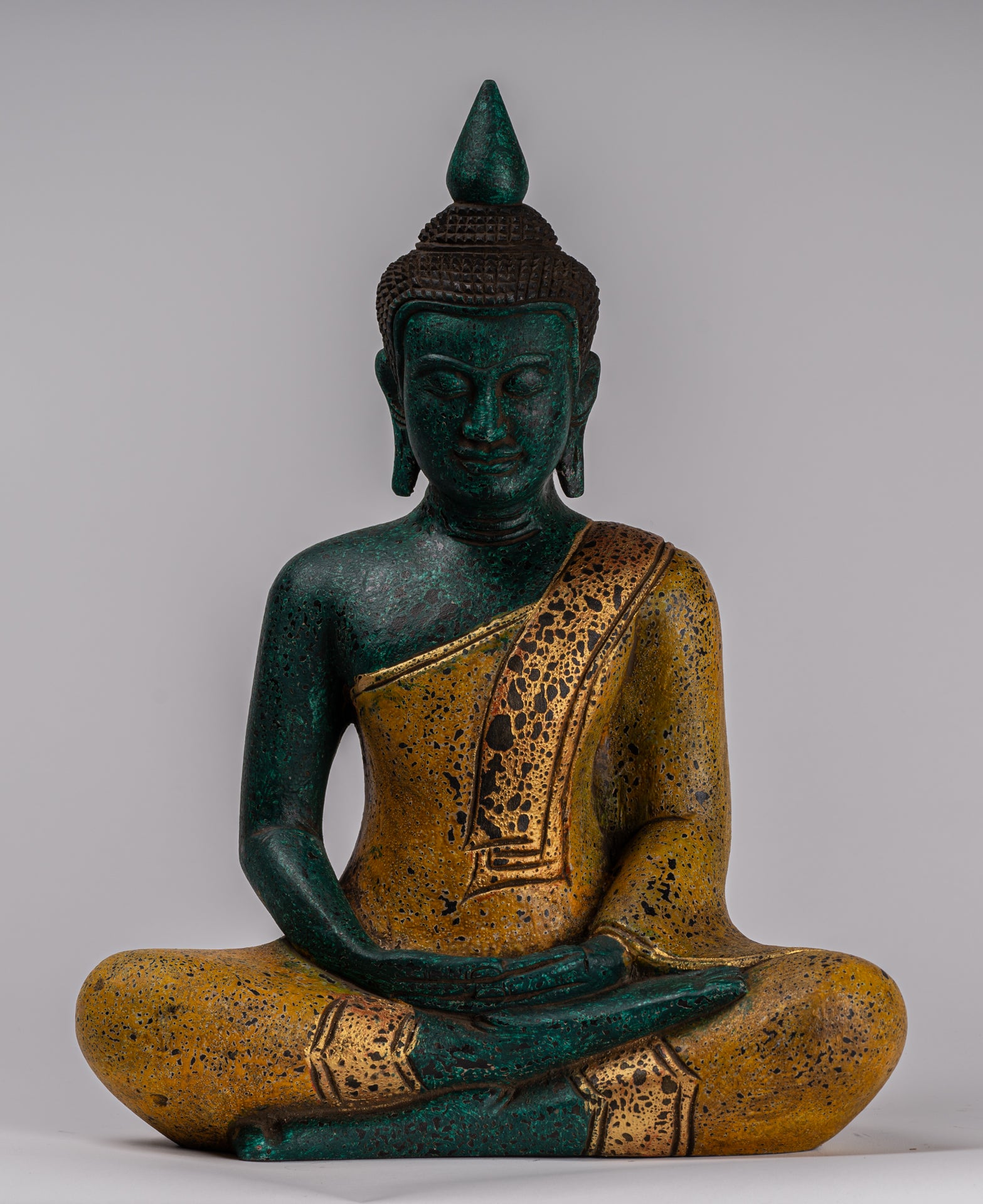 Buddha Sculpture - Antique Khmer Style Wood Seated Buddha Statue Dhyana Meditation Mudra - 39cm/16"