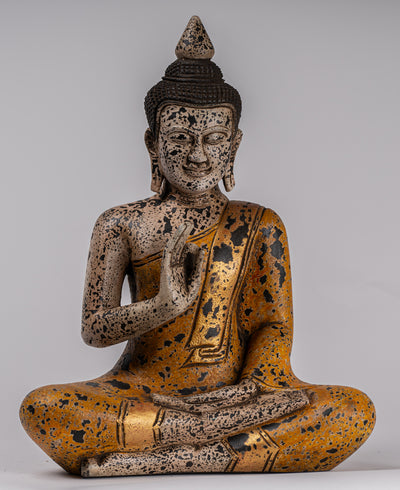Buddha Statue - Antique Khmer Style Cambodia Seated Wood Buddha Statue Teaching Mudra - 39cm/16"