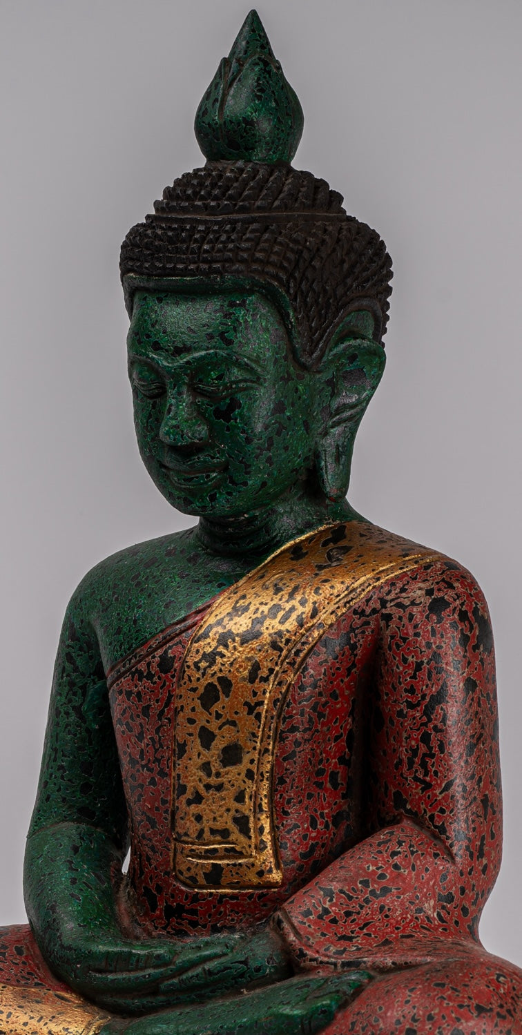Buddha Sculpture - Antique Khmer Style Wood Seated Buddha Statue Dhyana Meditation Mudra - 47cm/19"