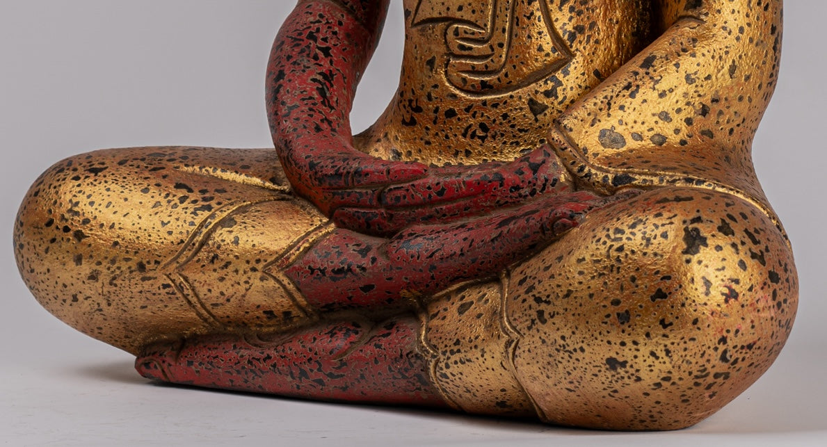 Buddha Sculpture - Antique Khmer Style Wood Seated Buddha Statue Dhyana Meditation Mudra - 51cm/20"