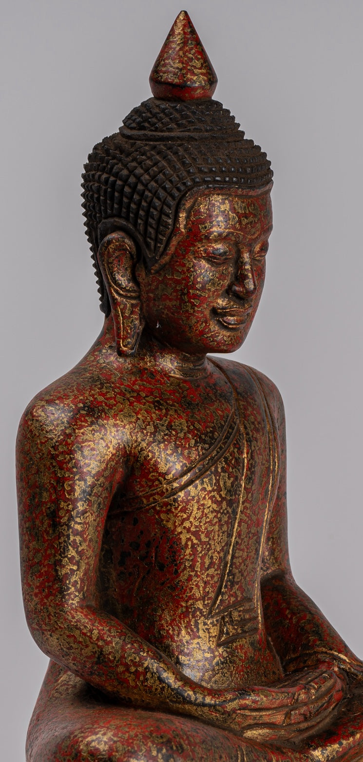 Buddha Sculpture - Antique Khmer Style Wood Seated Buddha Statue Dhyana Meditation Mudra - 32cm/13"