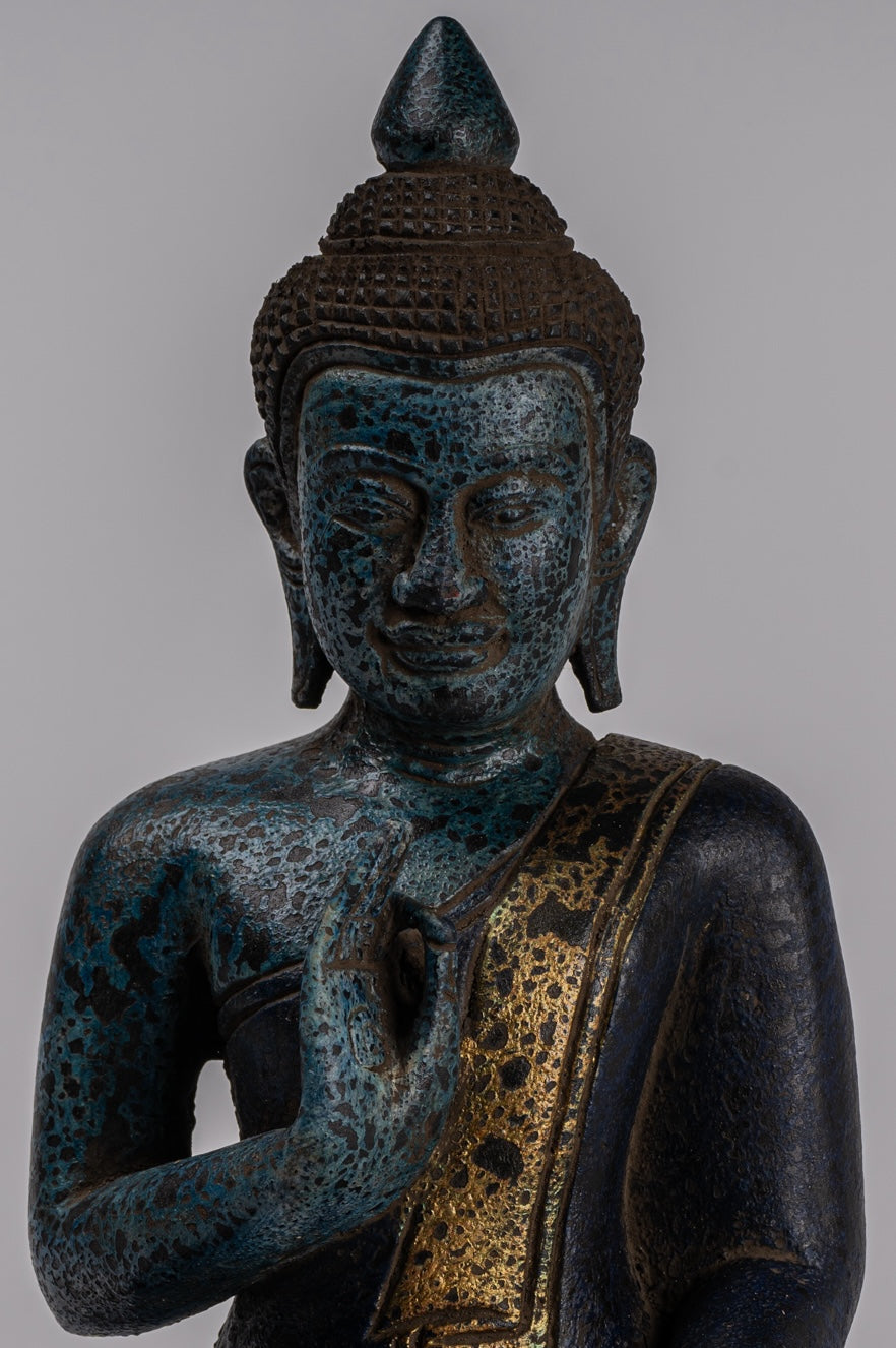Buddha Statue - Antique Khmer Style Cambodia Seated Wood Buddha Statue Teaching Mudra - 31cm/12"