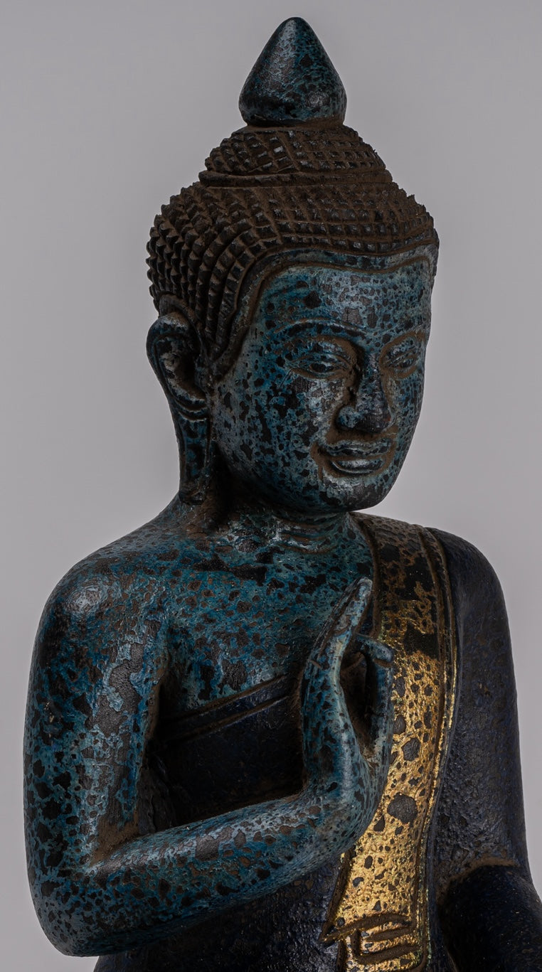 Buddha Statue - Antique Khmer Style Cambodia Seated Wood Buddha Statue Teaching Mudra - 31cm/12"