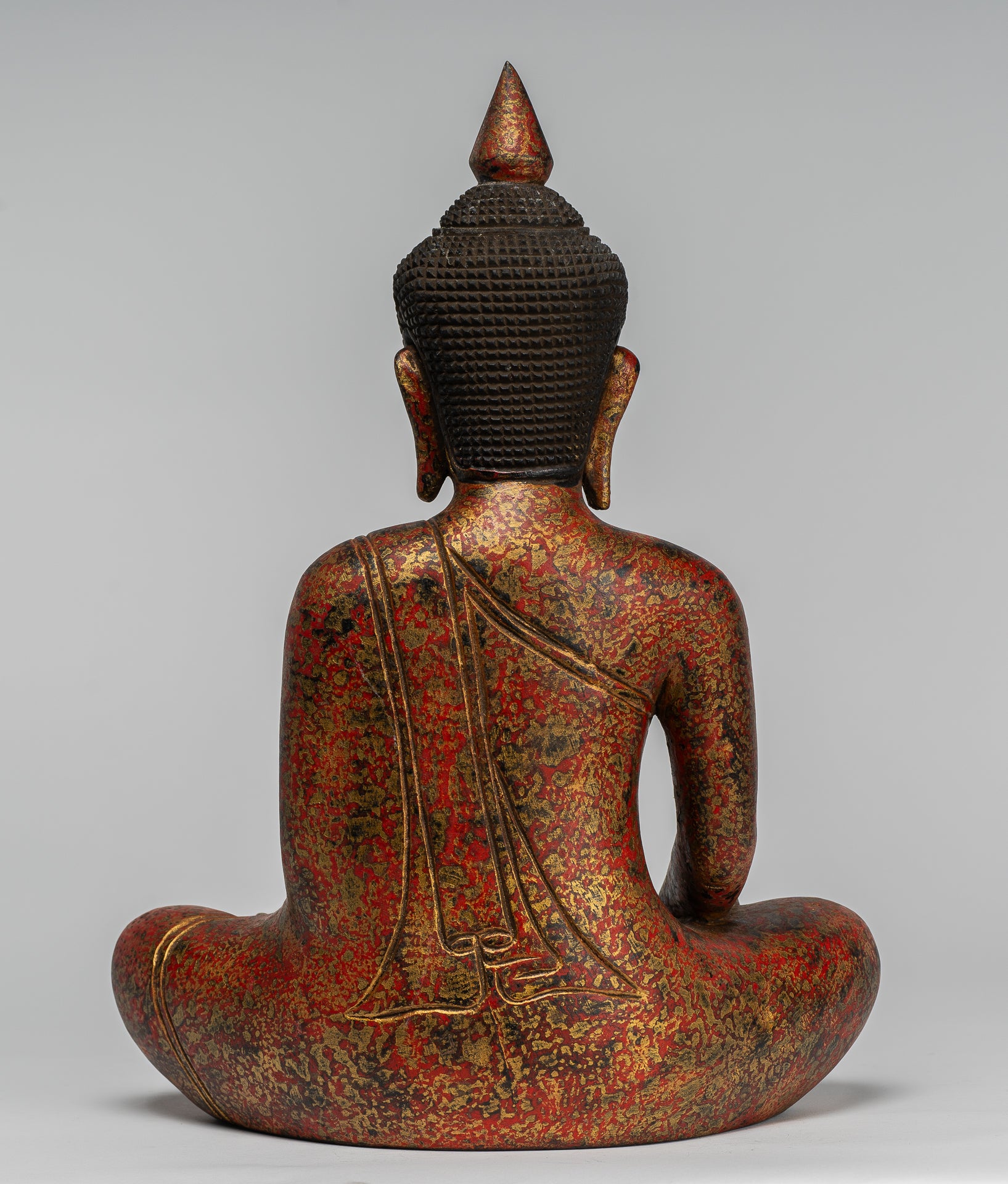 Buddha Statue - Antique Khmer Style SE Asia Seated Wood Enlightenment Buddha Statue - 33cm/13"