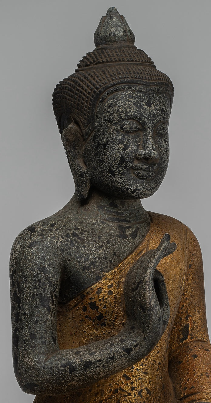 Buddha Statue - Antique Khmer Style Cambodia Seated Wood Buddha Statue Teaching Mudra - 44cm/18"