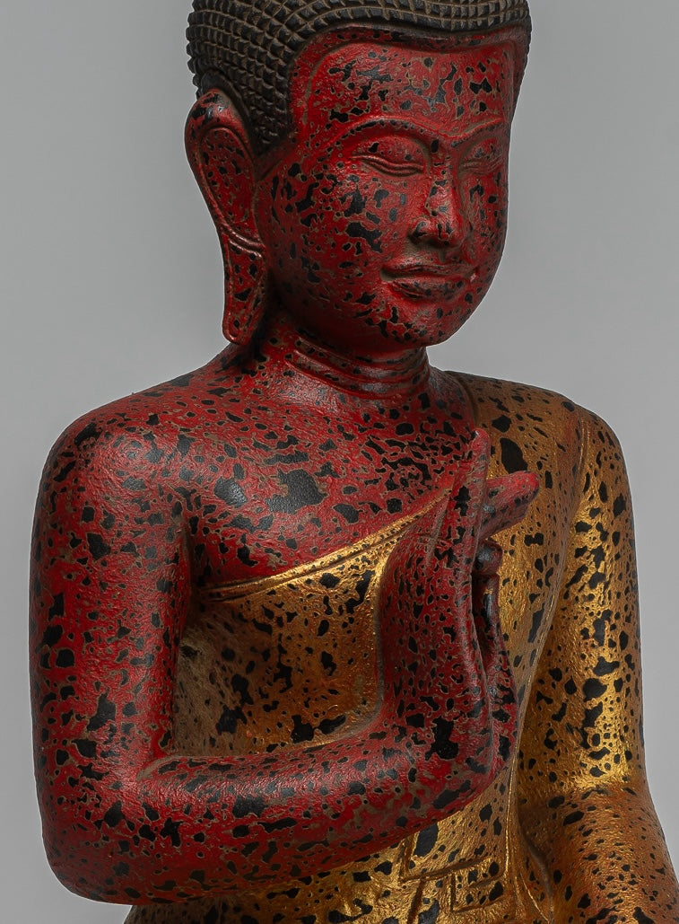Buddha Statue - Antique Khmer Style Cambodia Seated Wood Buddha Statue Teaching Mudra - 52cm/21"