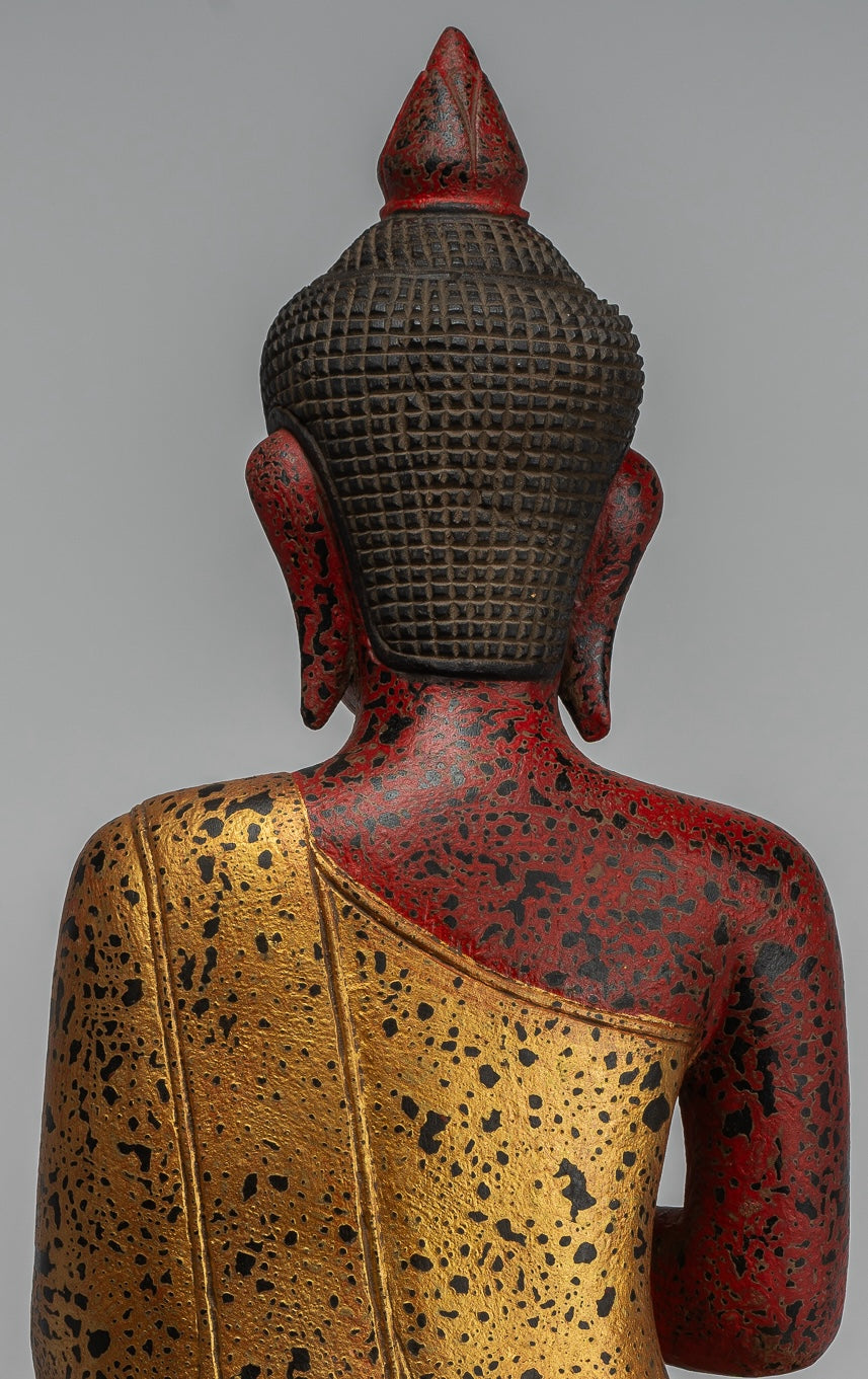 Buddha Statue - Antique Khmer Style Cambodia Seated Wood Buddha Statue Teaching Mudra - 52cm/21"