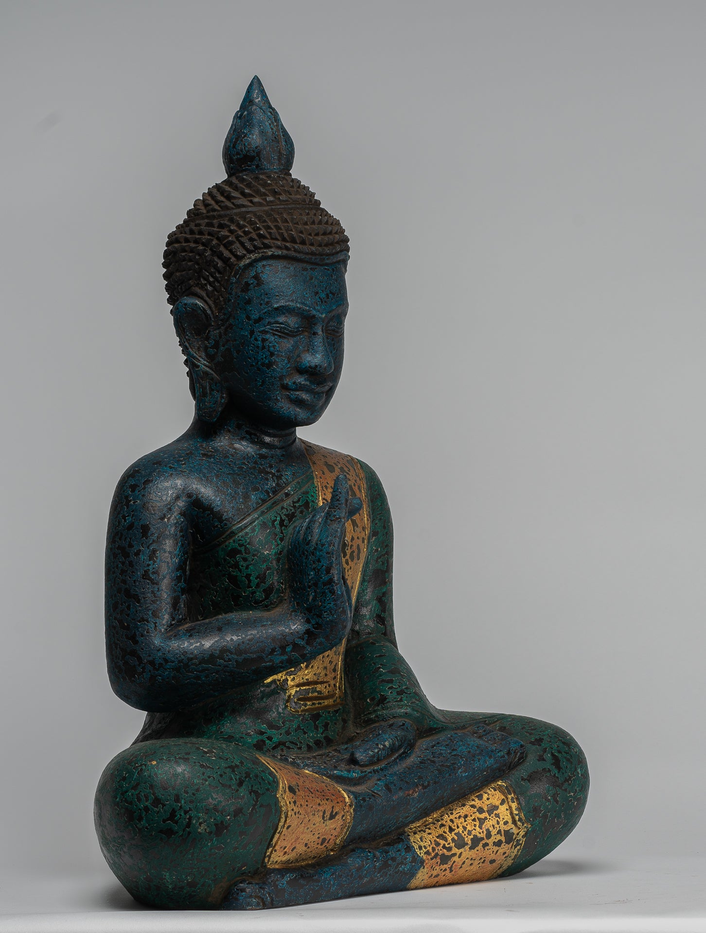 Buddha Statue - Antique Khmer Style Cambodia Seated Wood Buddha Statue Teaching Mudra - 47cm/19"