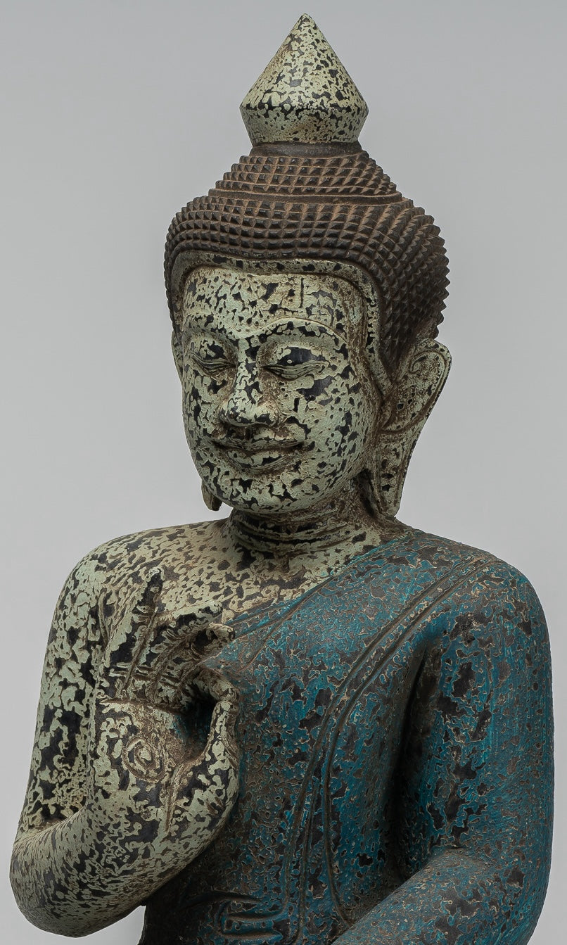 Buddha Statue - Antique Khmer Style Cambodia Seated Wood Buddha Statue Teaching Mudra - 44cm/18"