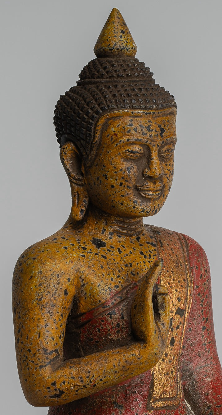 Buddha Statue - Antique Khmer Style Cambodia Seated Wood Buddha Statue Teaching Mudra - 27cm/11"
