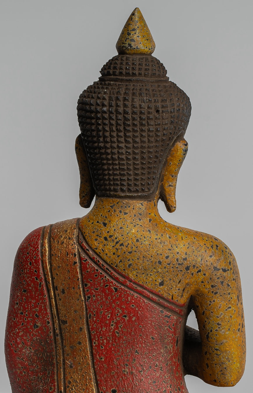 Buddha Statue - Antique Khmer Style Cambodia Seated Wood Buddha Statue Teaching Mudra - 27cm/11"