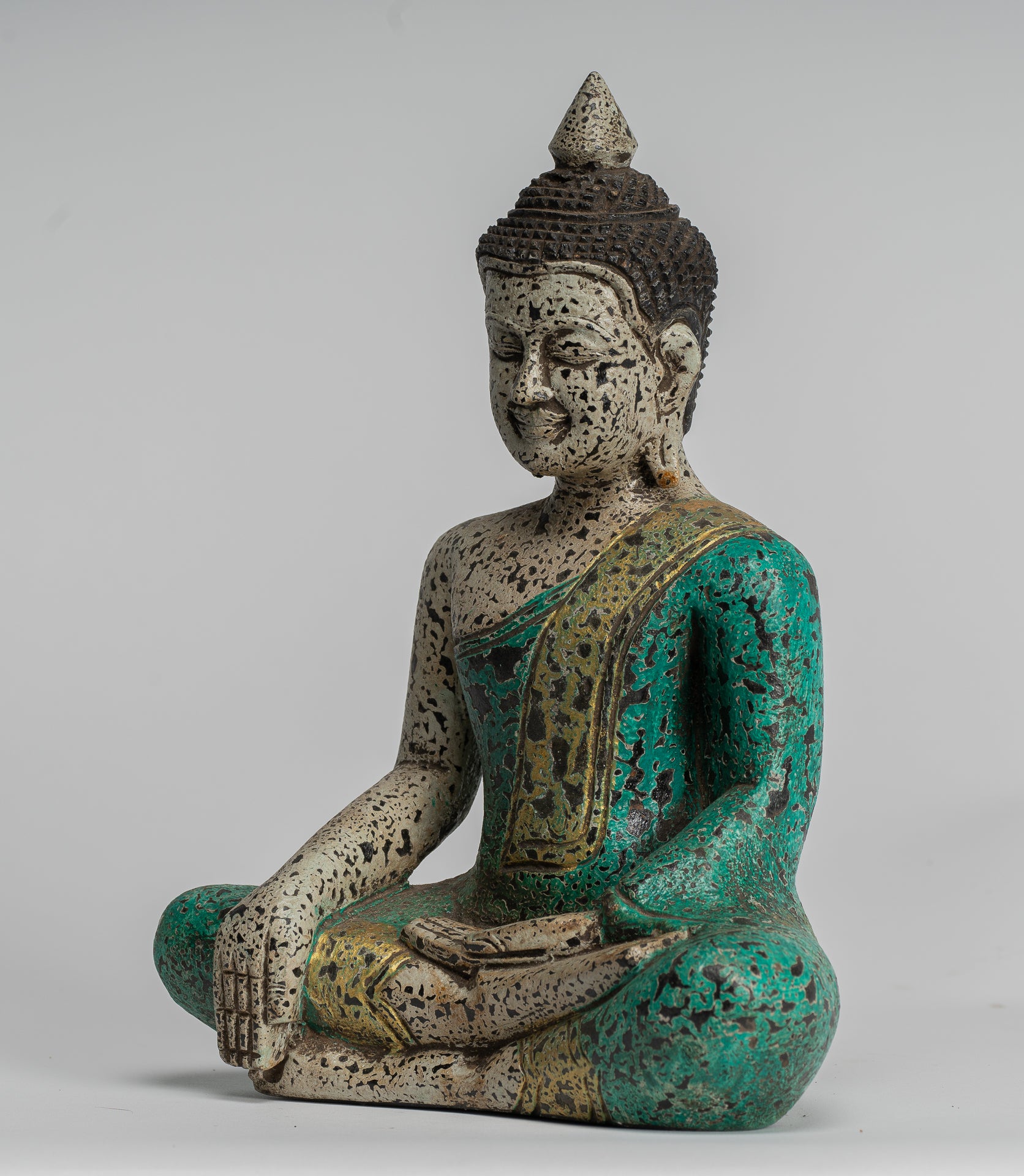 Buddha Statue - Antique Khmer Style SE Asia Seated Wood Enlightenment Buddha Statue - 26cm/10"