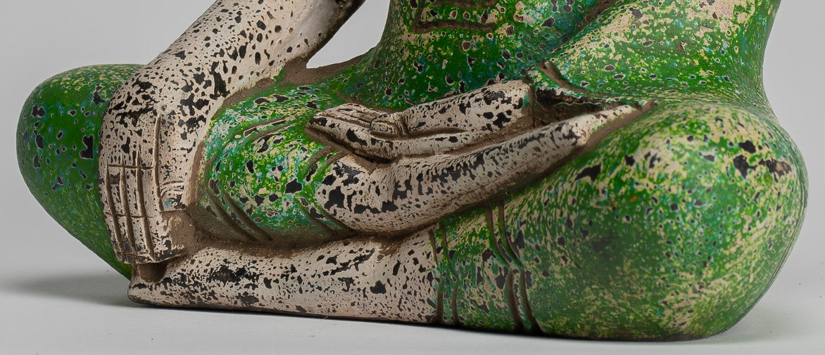 Buddha Statue - Antique Khmer Style SE Asia Seated Wood Enlightenment Buddha Statue - 27cm/11"