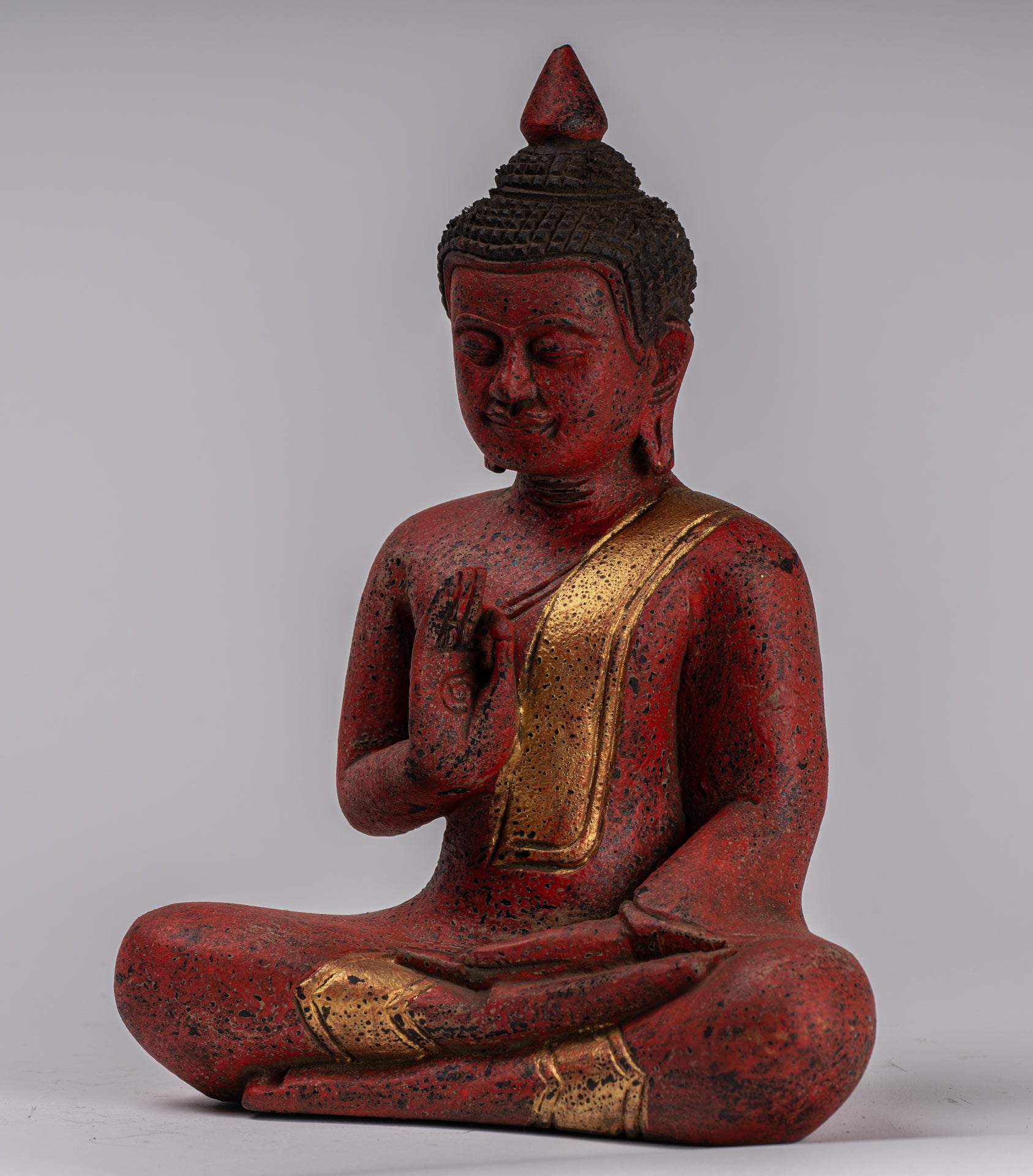 Buddha Statue - Antique Khmer Style Cambodia Seated Wood Buddha Statue Teaching Mudra - 26cm/10"