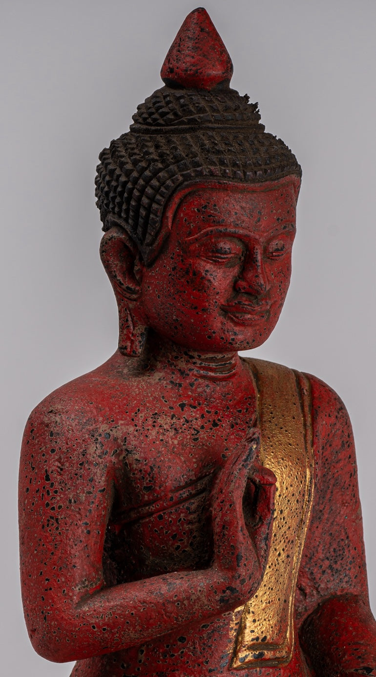Buddha Statue - Antique Khmer Style Cambodia Seated Wood Buddha Statue Teaching Mudra - 26cm/10"