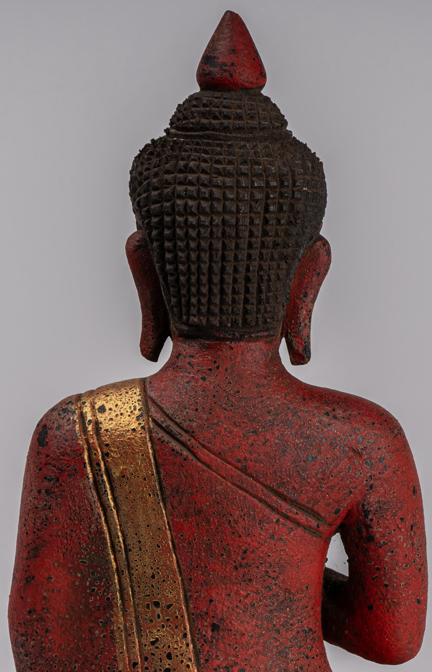 Buddha Statue - Antique Khmer Style Cambodia Seated Wood Buddha Statue Teaching Mudra - 26cm/10"