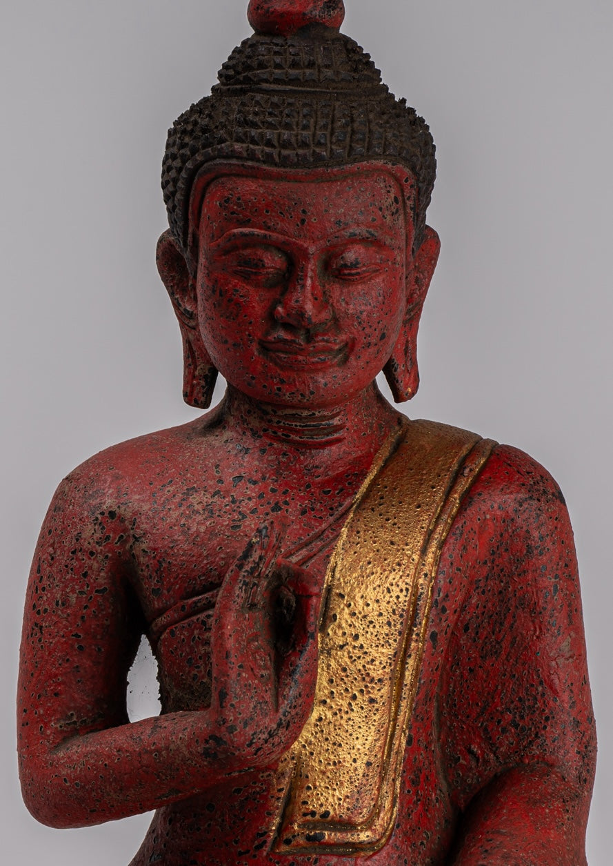 Buddha Statue - Antique Khmer Style Cambodia Seated Wood Buddha Statue Teaching Mudra - 26cm/10"