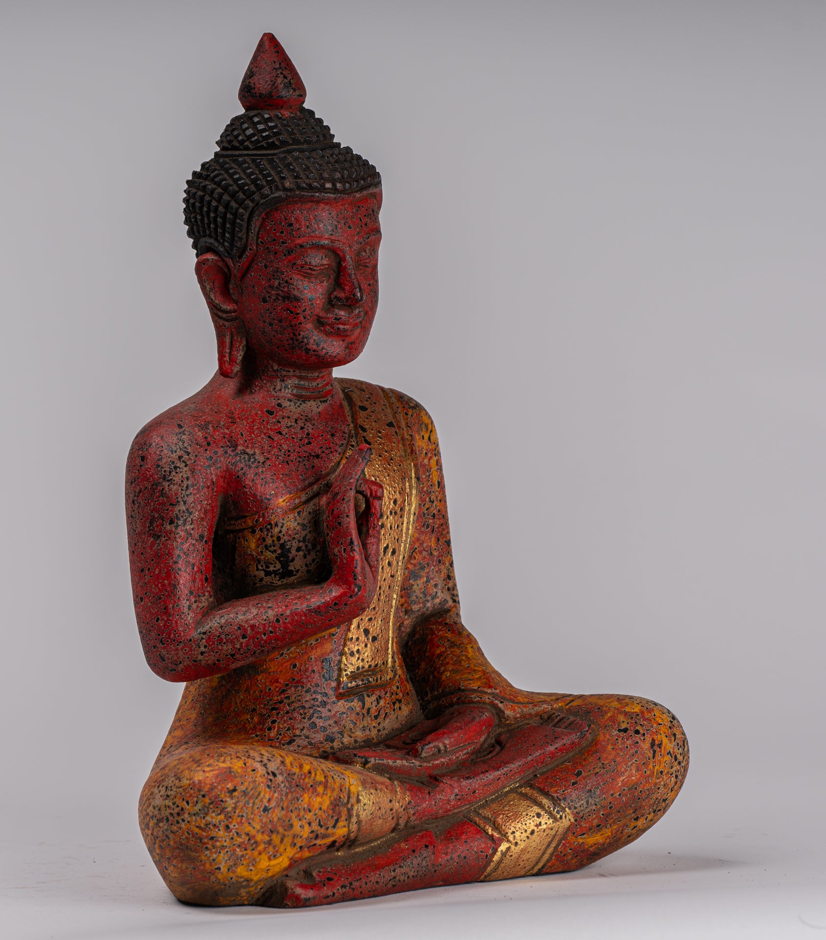 Buddha Statue - Antique Khmer Style Cambodia Seated Wood Buddha Statue Teaching Mudra - 26cm/10"