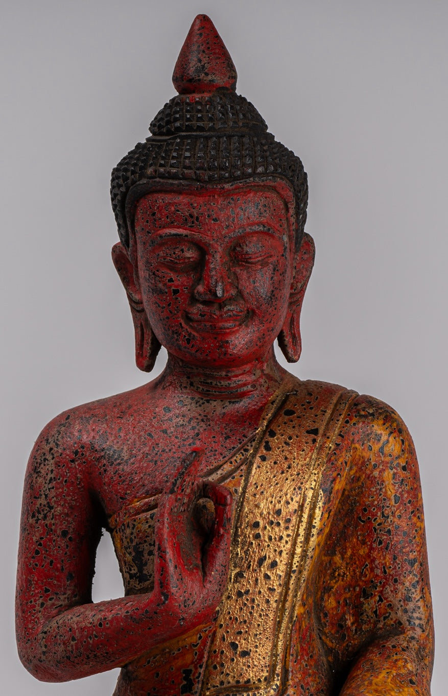 Buddha Statue - Antique Khmer Style Cambodia Seated Wood Buddha Statue Teaching Mudra - 26cm/10"