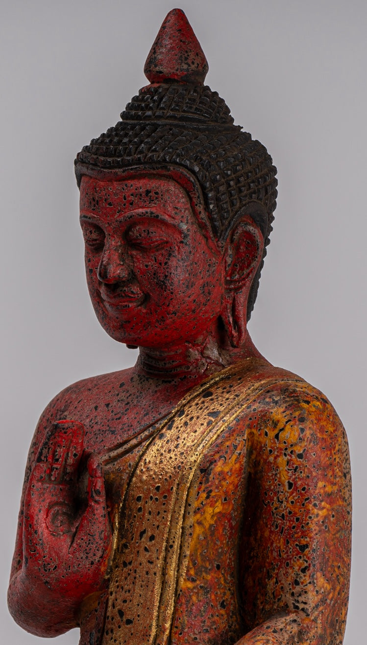 Buddha Statue - Antique Khmer Style Cambodia Seated Wood Buddha Statue Teaching Mudra - 26cm/10"
