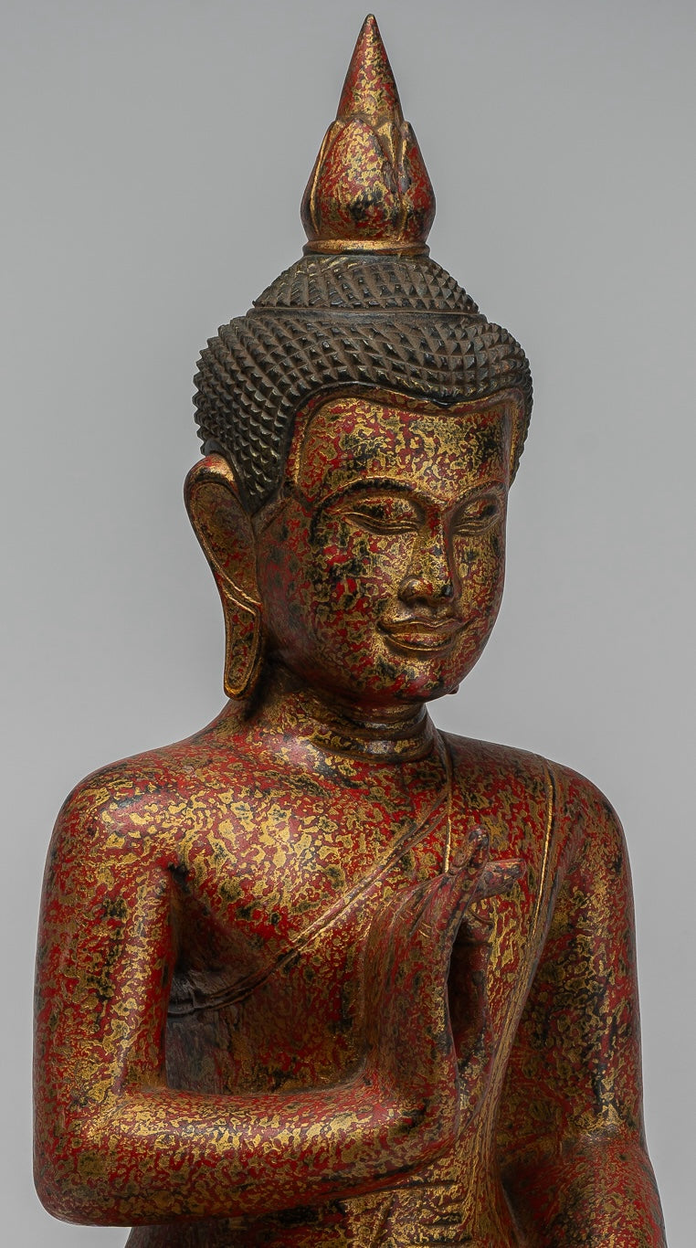 Buddha Statue - Antique Khmer Style Cambodia Seated Wood Buddha Statue Teaching Mudra - 55cm/22"