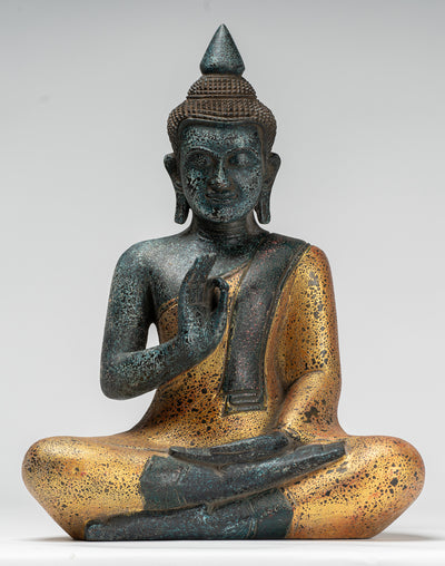 Buddha Statue - Antique Khmer Style Cambodia Seated Wood Buddha Statue Teaching Mudra - 39cm/16"