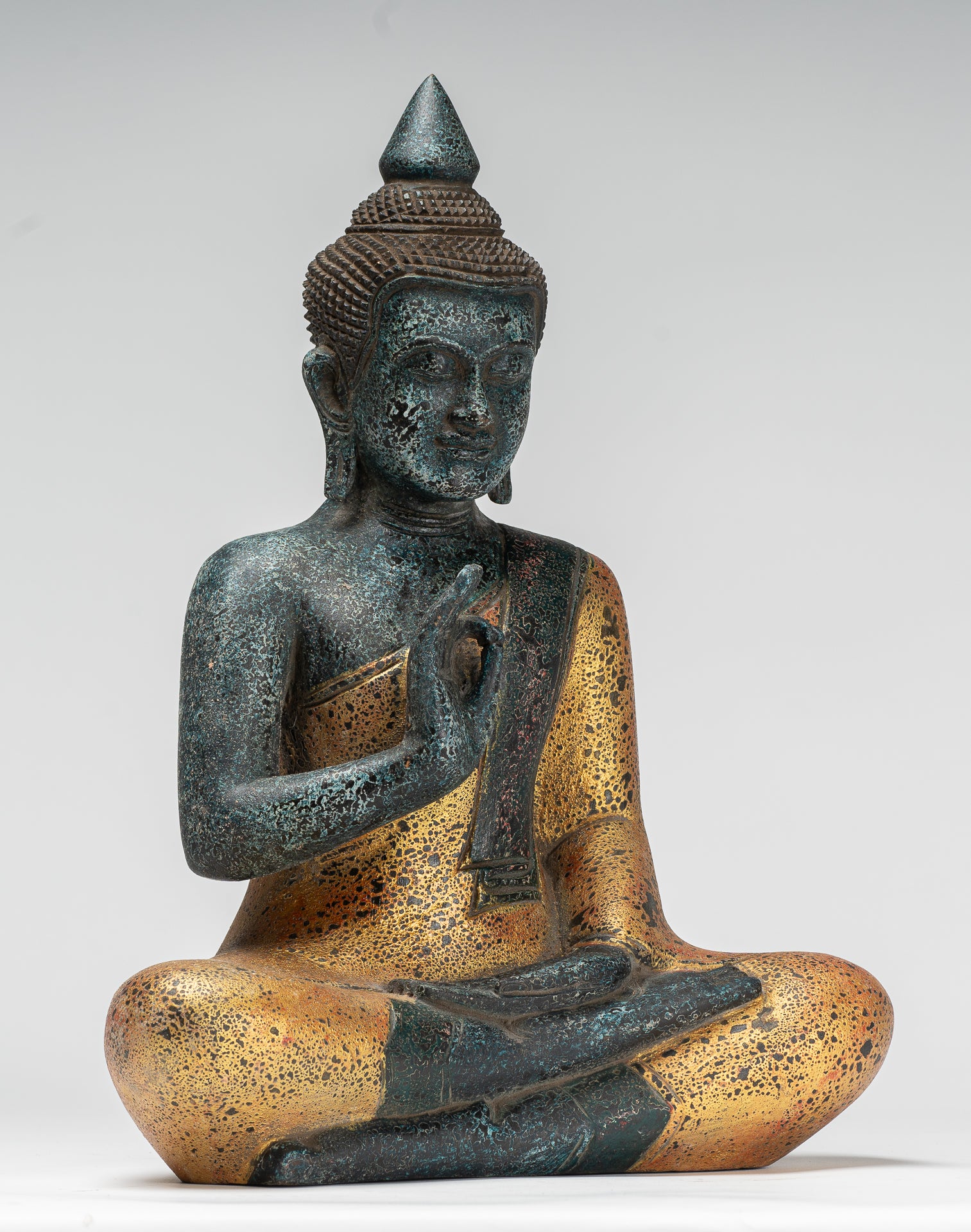 Buddha Statue - Antique Khmer Style Cambodia Seated Wood Buddha Statue Teaching Mudra - 39cm/16"
