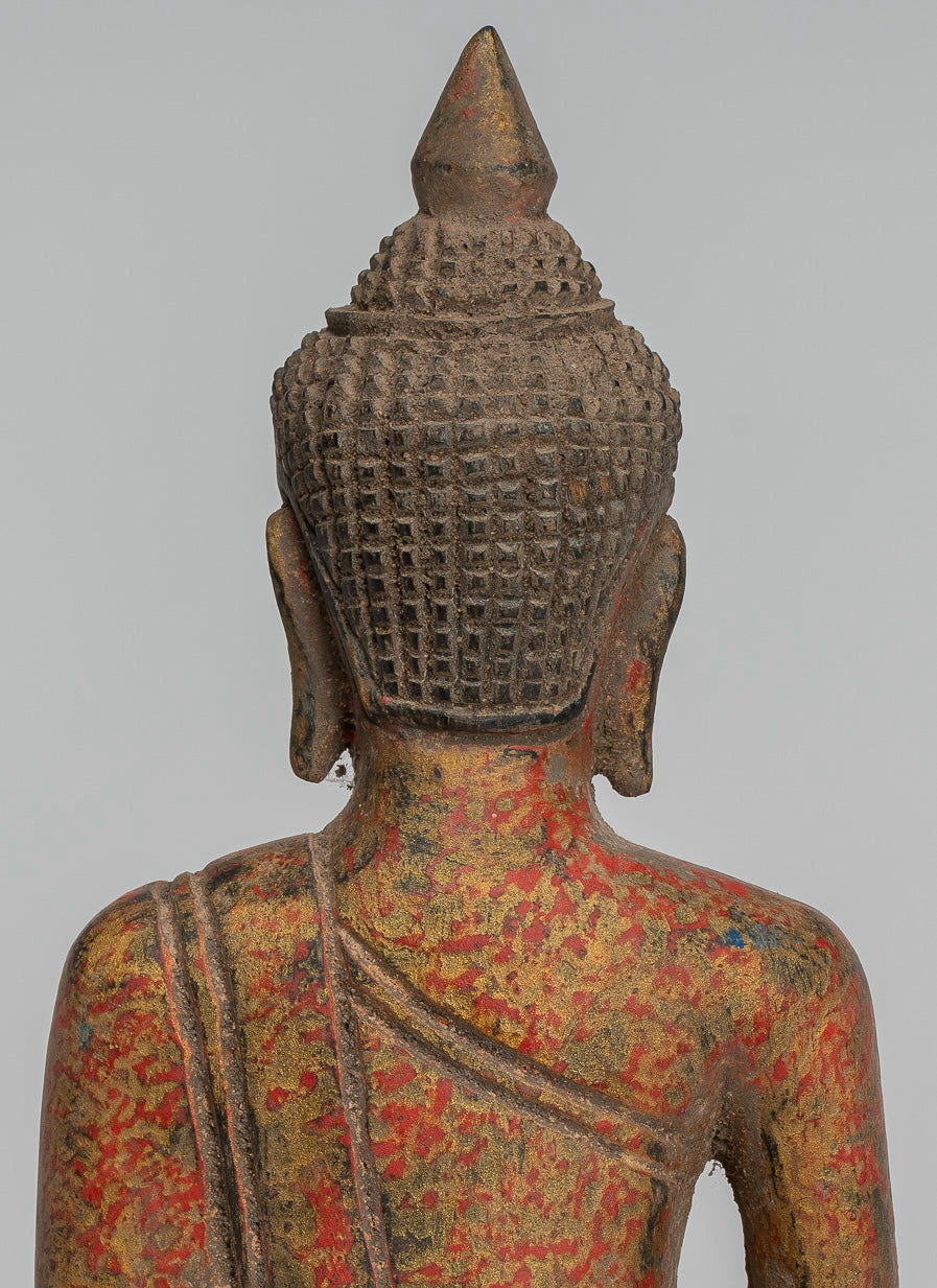Buddha Statue - Antique Khmer Style SE Asia Seated Wood Enlightenment Buddha Statue - 21cm/8"