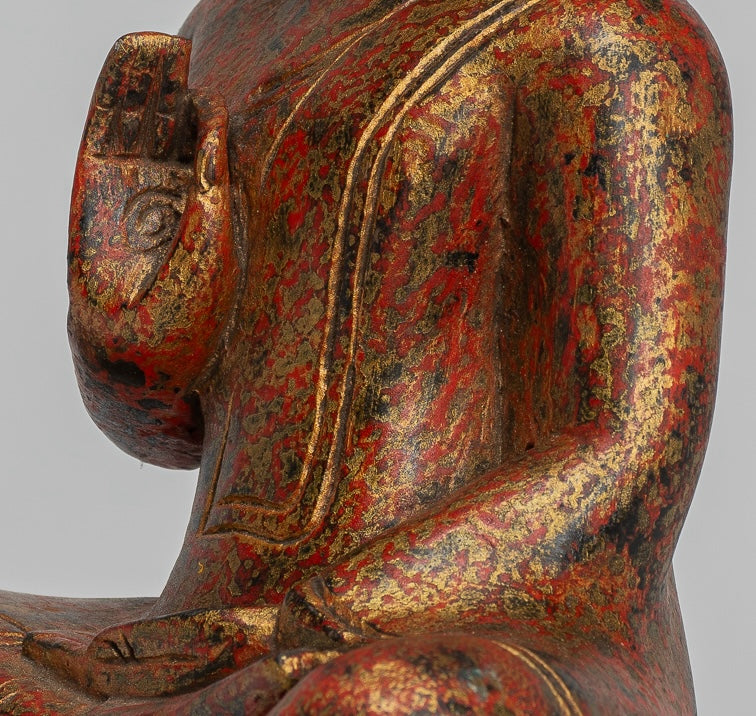 Buddha Statue - Antique Khmer Style Cambodia Seated Wood Buddha Statue Teaching Mudra - 26cm/10"