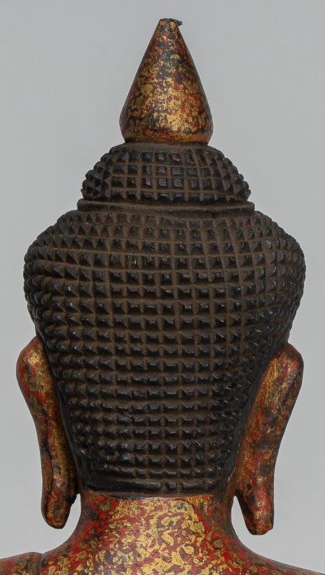 Buddha Statue - Antique Khmer Style Cambodia Seated Wood Buddha Statue Teaching Mudra - 26cm/10"