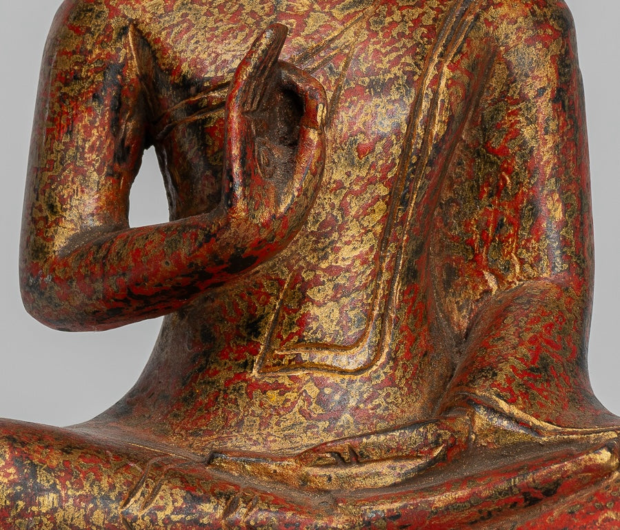 Buddha Statue - Antique Khmer Style Cambodia Seated Wood Buddha Statue Teaching Mudra - 26cm/10"