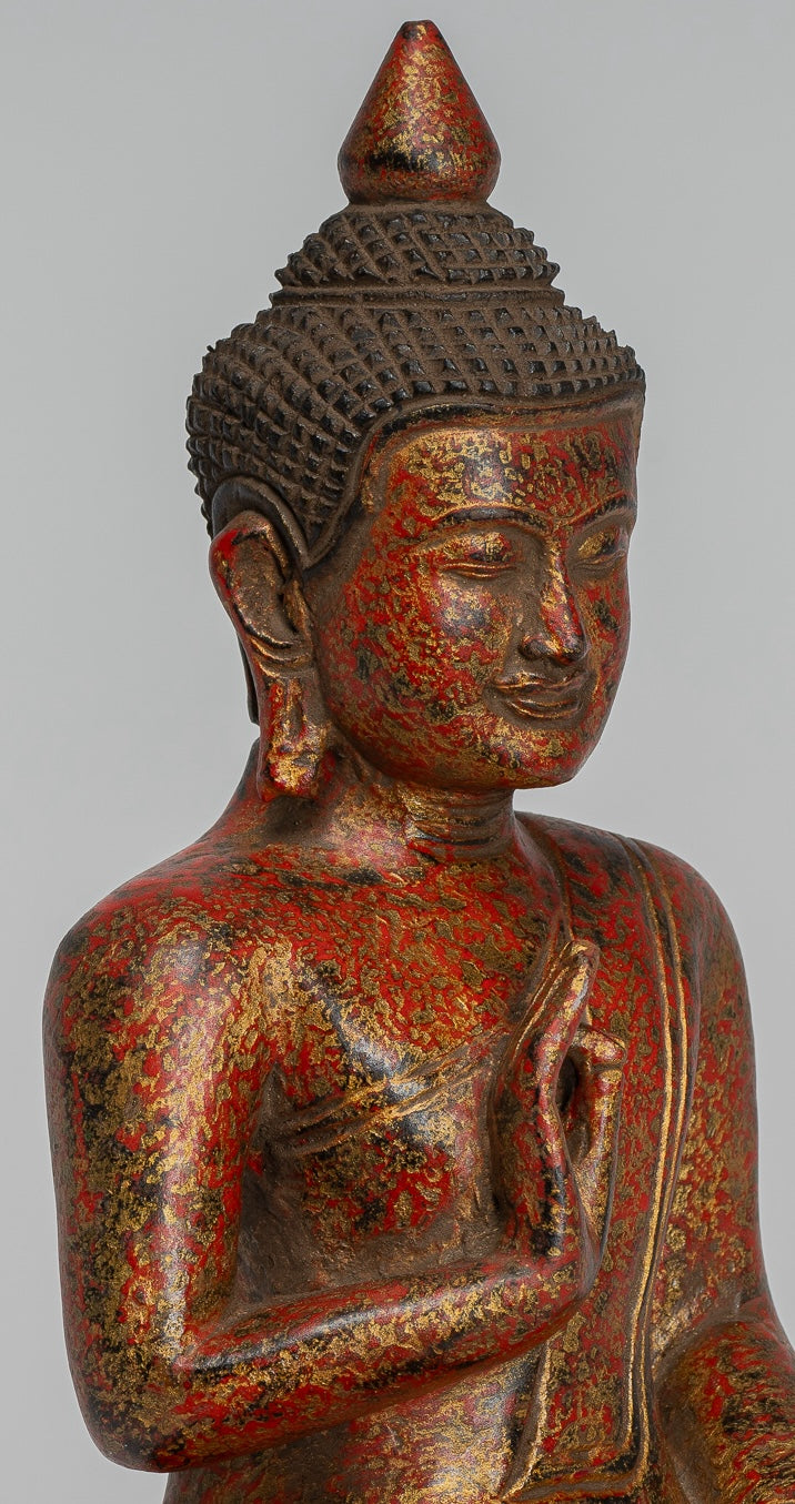 Buddha Statue - Antique Khmer Style Cambodia Seated Wood Buddha Statue Teaching Mudra - 27cm/11"