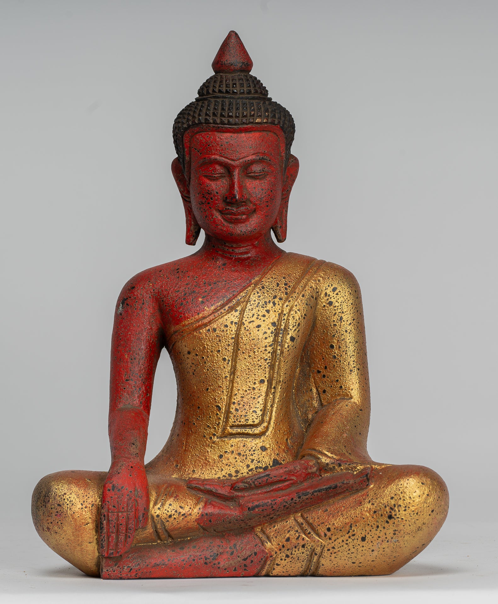 Buddha Statue - Antique Khmer Style SE Asia Seated Wood Enlightenment Buddha Statue - 27cm/11"