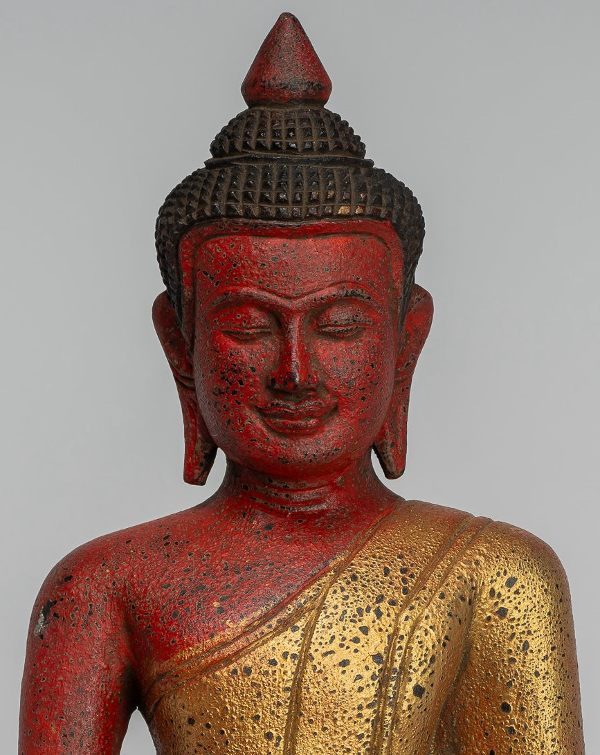 Buddha Statue - Antique Khmer Style SE Asia Seated Wood Enlightenment Buddha Statue - 27cm/11"