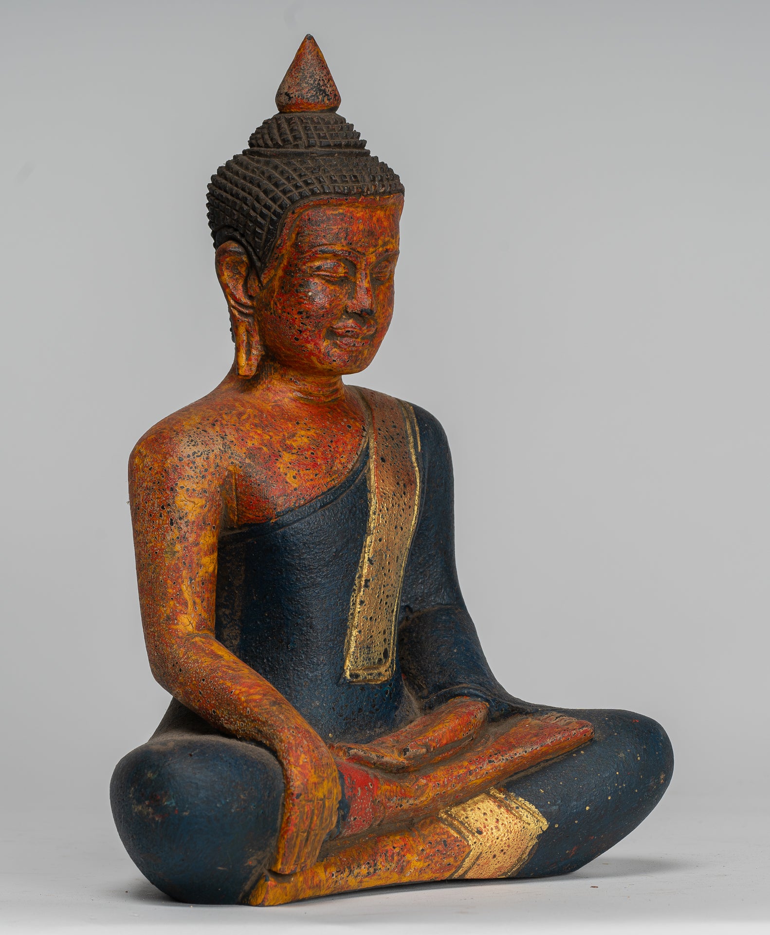 Buddha Statue - Antique Khmer Style SE Asia Seated Wood Enlightenment Buddha Statue - 27cm/11"