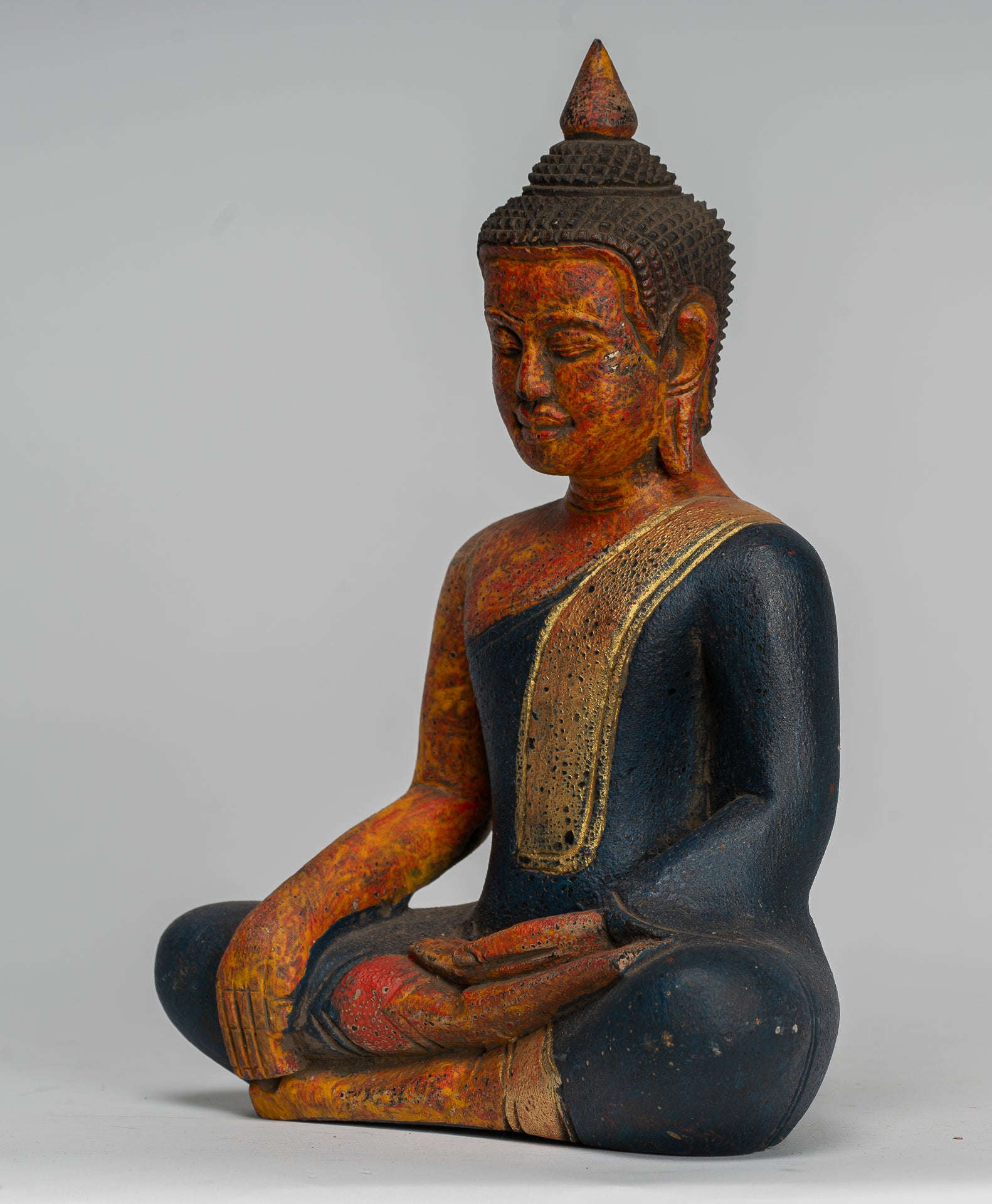 Buddha Statue - Antique Khmer Style SE Asia Seated Wood Enlightenment Buddha Statue - 27cm/11"