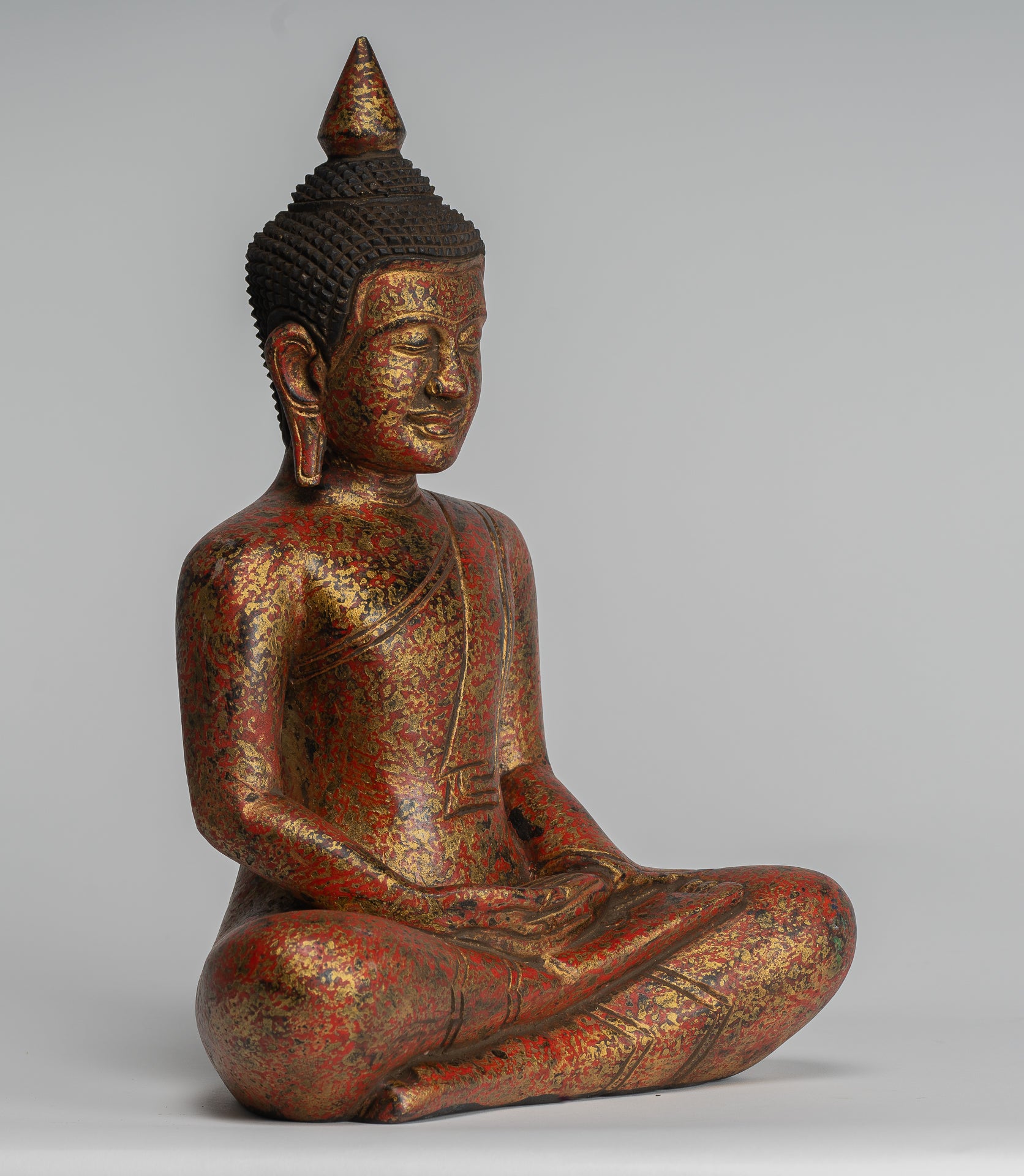 Buddha Sculpture - Antique Khmer Style Wood Seated Buddha Statue Dhyana Meditation Mudra - 32cm/13"