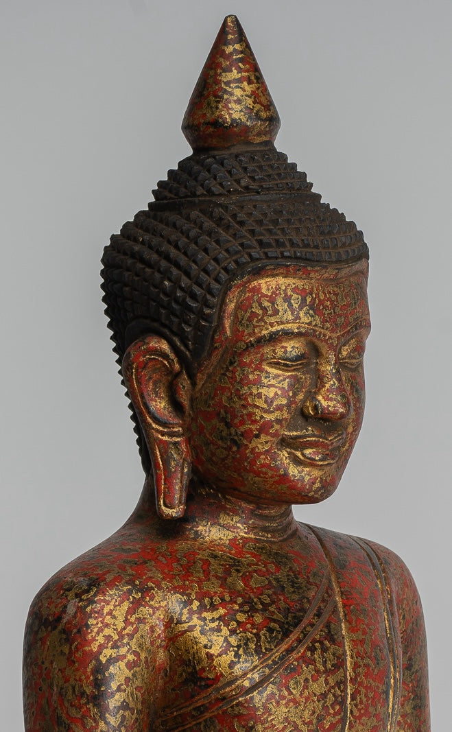 Buddha Sculpture - Antique Khmer Style Wood Seated Buddha Statue Dhyana Meditation Mudra - 32cm/13"
